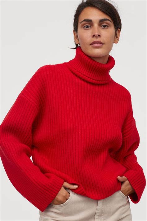 Ribbed Turtleneck Sweater Red Ladies Handm Us Ribbed Turtleneck