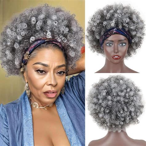 Salt And Pepper Afro Kinky Curly Headband Human Hair Wig Glueless Gray