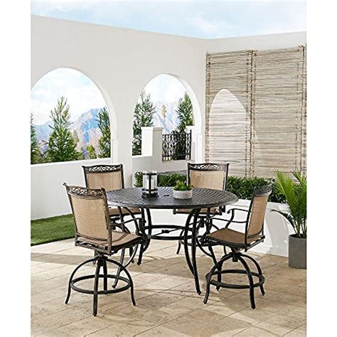 Hanover Fontana 5 Piece Outdoor High Dining Patio Set 4 Sling Swivel Counter Height Chairs And