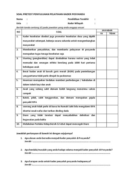 Contoh Soal Pre Test Dan Post Test Pelatihan Berbagai Contoh