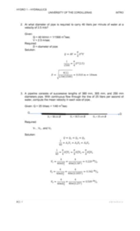 Solution Lecture 1 Hydro 1 Introduction And Bernoullis Energy Equation