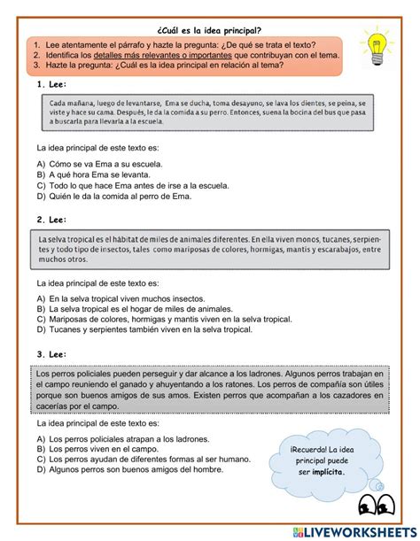 Identificar la idea principal worksheet Tecnicas de enseñanza