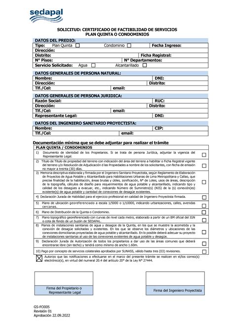 Gs Fo Formulario Sedapal Condominio Solicitud Certificado De