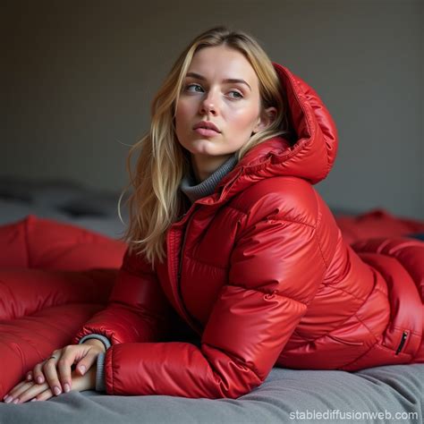 Blonde Woman In Red Puffer Suit Stable Diffusion Online