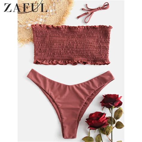 Zaful Sexy Swimwear Beach Suit Frilled Smocked Bandeau Bikini Set