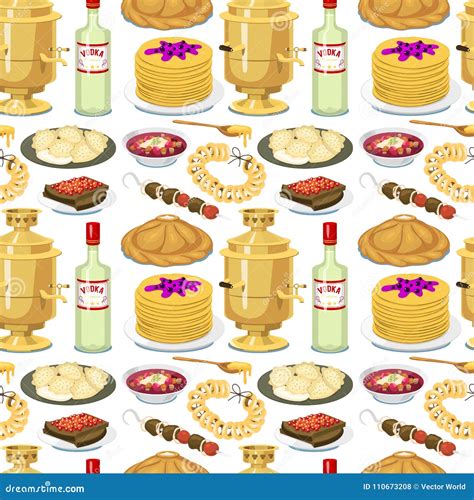 Traditional Russian Cuisine Seamless Pattern Background Culture Dish