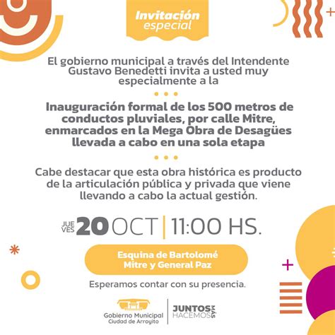 Invitación a la inauguración de la Obra de Desagües de la calle Mitre