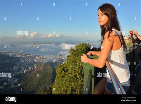 South America Brazil Rio De Janeiro City Rio Corcovado Carioca Brunette Girl Woman View Rio