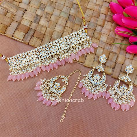 Light Pink Pearl Kundan Set For Saree Fashioncrab