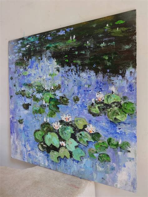 Water Lilies In A Blue Pond Impasto Oil Painting Painting By Indrani