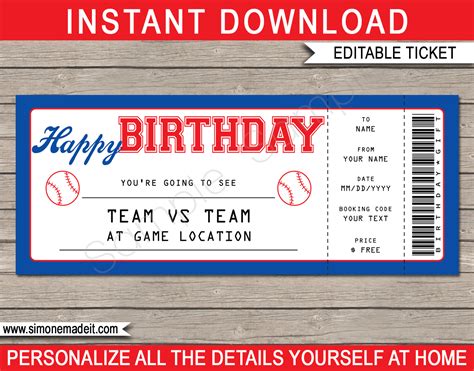 Baseball Game Ticket Birthday Gift Voucher | Printable Ticket Template