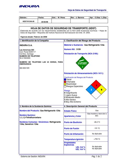 Msds 056 Gas Refrigerante 134a Oxígeno Primeros Auxilios