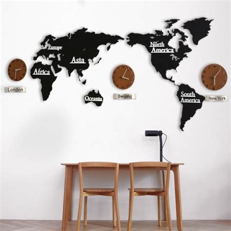 Diy 3d Wooden Large Wall Sticker Clock With World Map Black Usadino