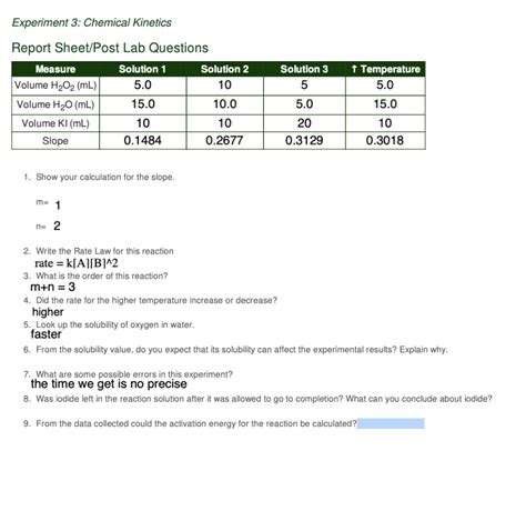 Solved Experiment Chemical Kinetics Report Sheet Post Lab Chegg