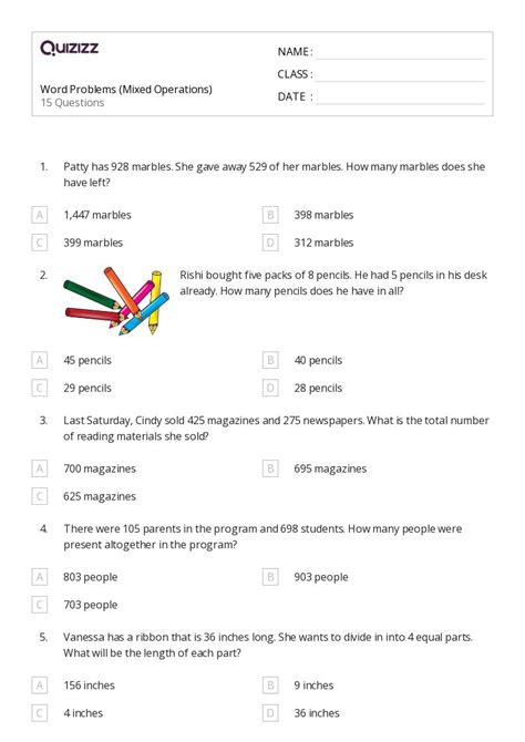 Mixed Operation Word Problems Worksheets For Th Grade On Quizizz