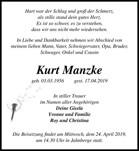 Traueranzeigen Von Kurt Manzke Trauer Anzeigen De