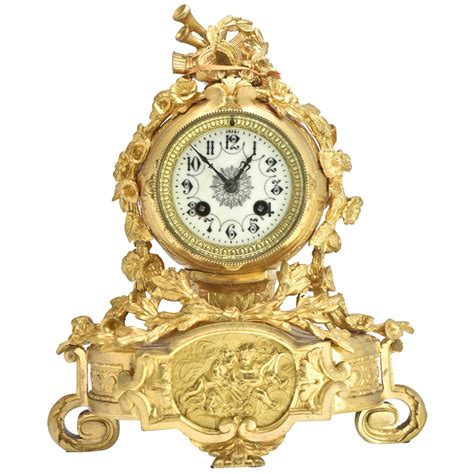 French Gilt Brass Mantel Cartel Clock Renaissance Antiques