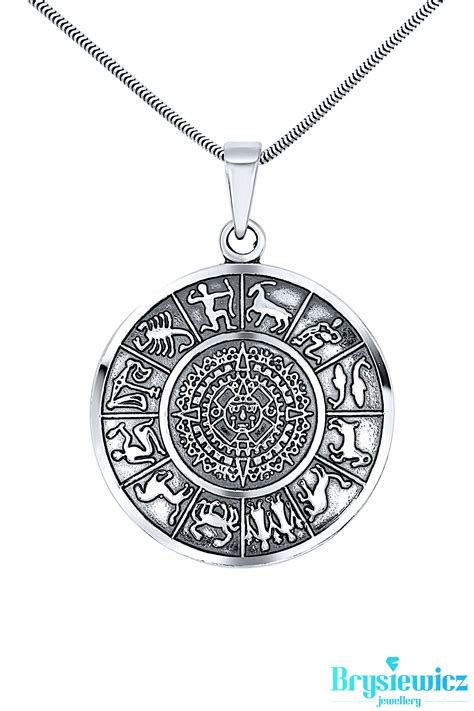 Unique Sterling Silver 925 Large Round Disc Oxidised Zodiac Mayan