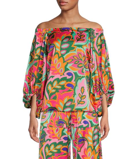 Sugarlips Satin Tropical Print Off The Shoulder Long Balloon Sleeve