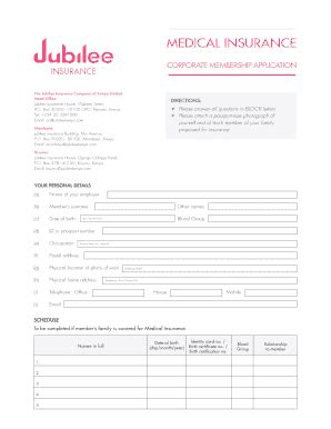 Fillable Online Corporate Application Form Jubilee Insurance Fax