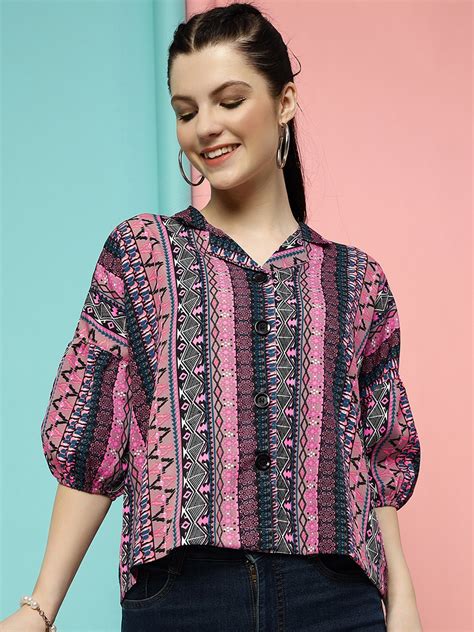 Buy Clemira Ethnic Motifs Printed Puff Sleeves Shirt Styled Top Tops