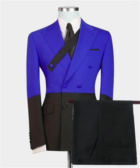 2023 Royal Blue Black Slim Fit Double Breasted Peaked Lapel Double