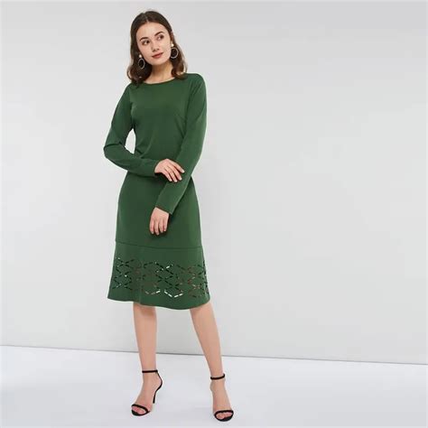 Women Midi Dresses Vintage Elegant Green Fall Cotton Aline Geometric