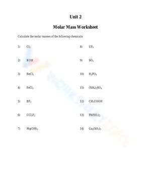 Free Printable Molar Mass Worksheet Answers For Students