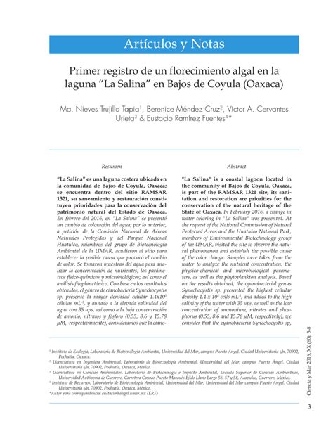 PDF Primer Registro De Un Florecimiento Algal En La Laguna La Salina