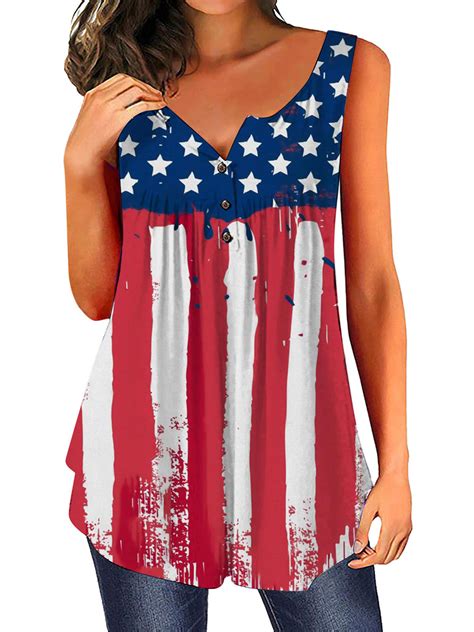 Dymade Womens Henley V Neck Blouse American Flag Print Pleated Button