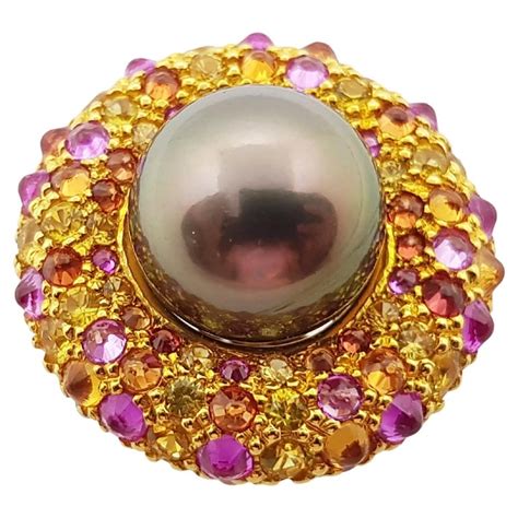 Pearl with Rainbow Color Sapphire Ring Set in 18 Karat Gold Settings ...