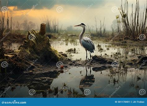 Great Egret In Coastal Polluted Wetlands World Wetlands Day Stock