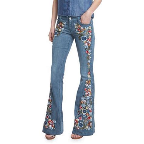 Qisiwole Womens Chic Floral Embroidered High Rise Bell Bottom Flare