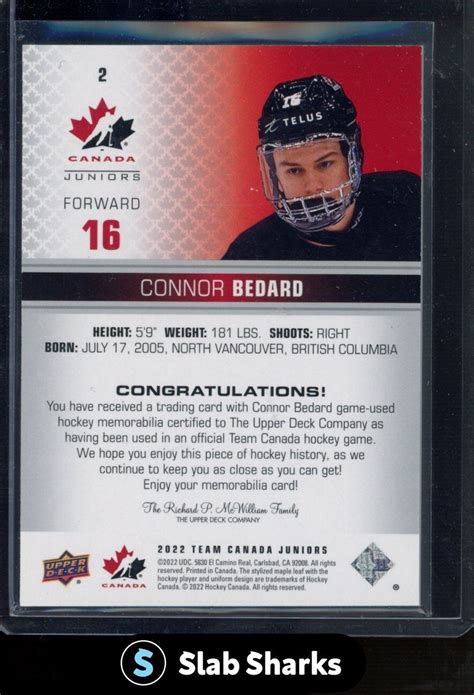 2022 UPPER DECK TEAM CANADA JUNIORS 2 CONNOR BEDARD JERSEY RELIC SP EBay