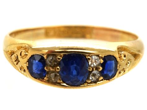 Victorian 18ct Gold Three Stone Sapphire Diamond Ring 836L The