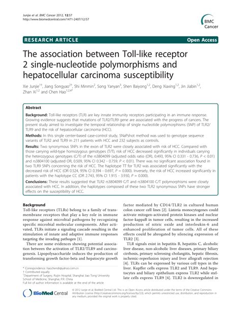 Pdf The Association Between Toll Like Receptor 2 Single Nucleotide Polymorphisms And