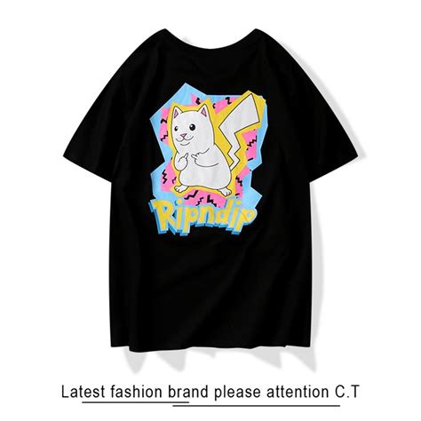 Ripndip เสื้อยืดลําลองสําหรับ Unisex ผ้าฝ้ายแขนสั้นพิมพ์ลายแมวขนาดพลัส