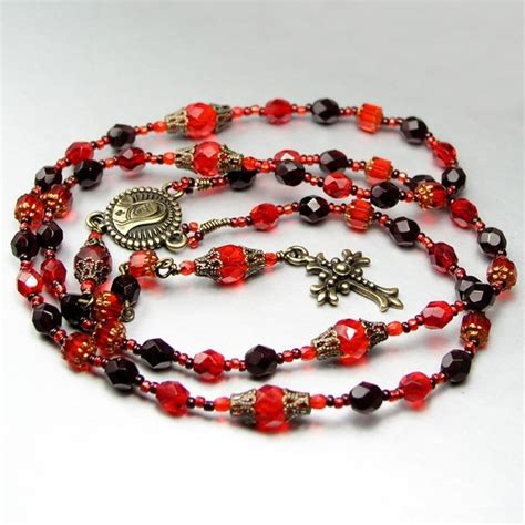 Ruby Necklace Garnet Red Rosary Necklace Antique Brass Cross And Our