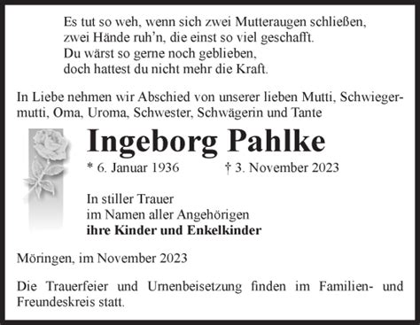 Traueranzeigen Von Ingeborg Pahlke Abschied Nehmen De