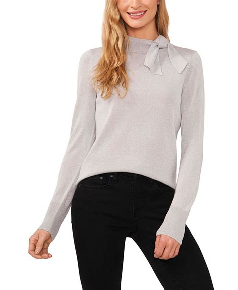 Cece Womens Metallic Bow Tie Mock Neck Long Sleeve Sweater Macys