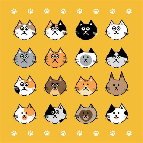 Cats Heads Emoticons Vectorline Illustration Of Various Cats On Yellow