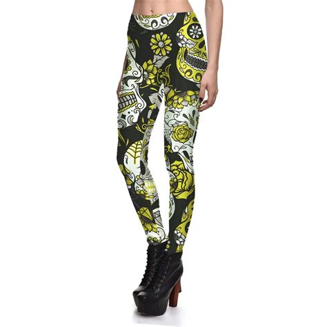 Fashion Halloween Skull Leggings For Women Cool Yellow Flower Skeleton