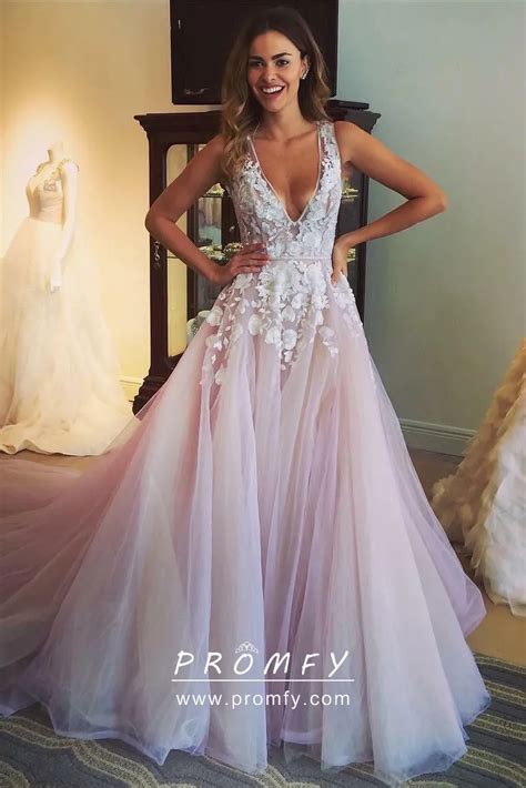 White Floral Appliqued Light Pink Tulle Plunging V Neckline Long Prom Dress