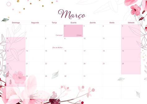 Calendario Mensal Floral Marco Fazendo A Nossa Festa