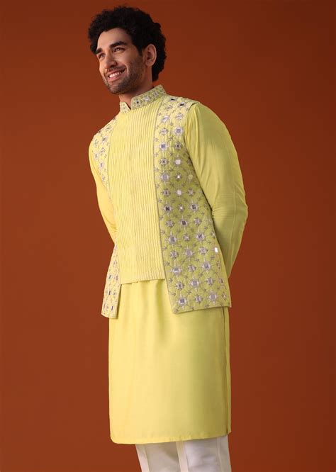 Canary Yellow Embroidered Jacket Kurta Set In Silk Mens Indian Wear