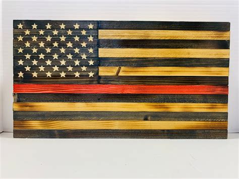 Thin Red Line Wooden Flag Handmade Rustic Flag With Hand Carved 50 Star