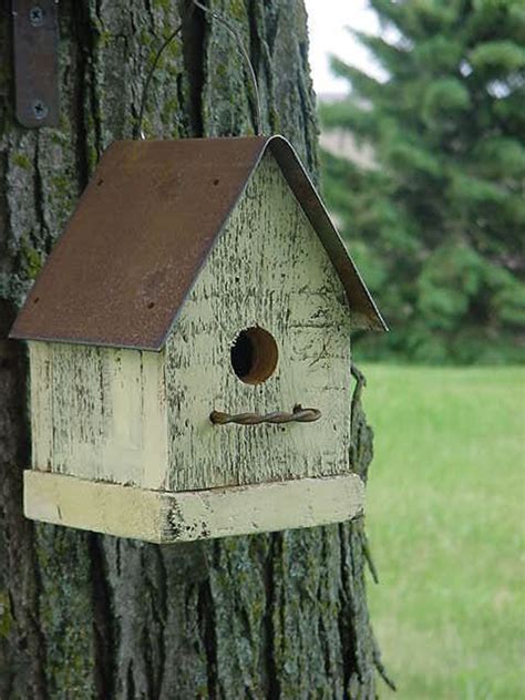 Handmade Rustic Bird House Outdoor Garden Decor Old Yellow With Metal Roof Home for Wrens ...