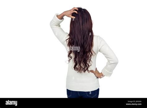 Rear View Of Brunette With Hand On Hair Stock Photo Alamy
