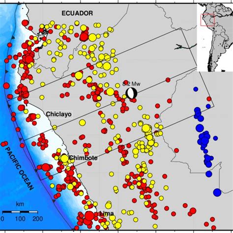 The map shows the seismic events of magnitude greater than 5.0 Mw from ...