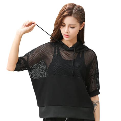 Summer Loose Women Sport Shirt Yoga Short Sleeve Mesh Patchwork Hooded